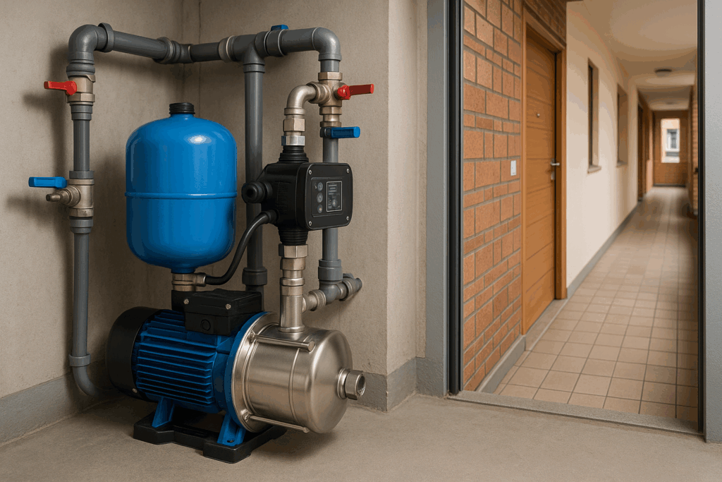 Sistema automático de bomba de agua y grupo de presión instalado en comunidad de vecinos en Huelva